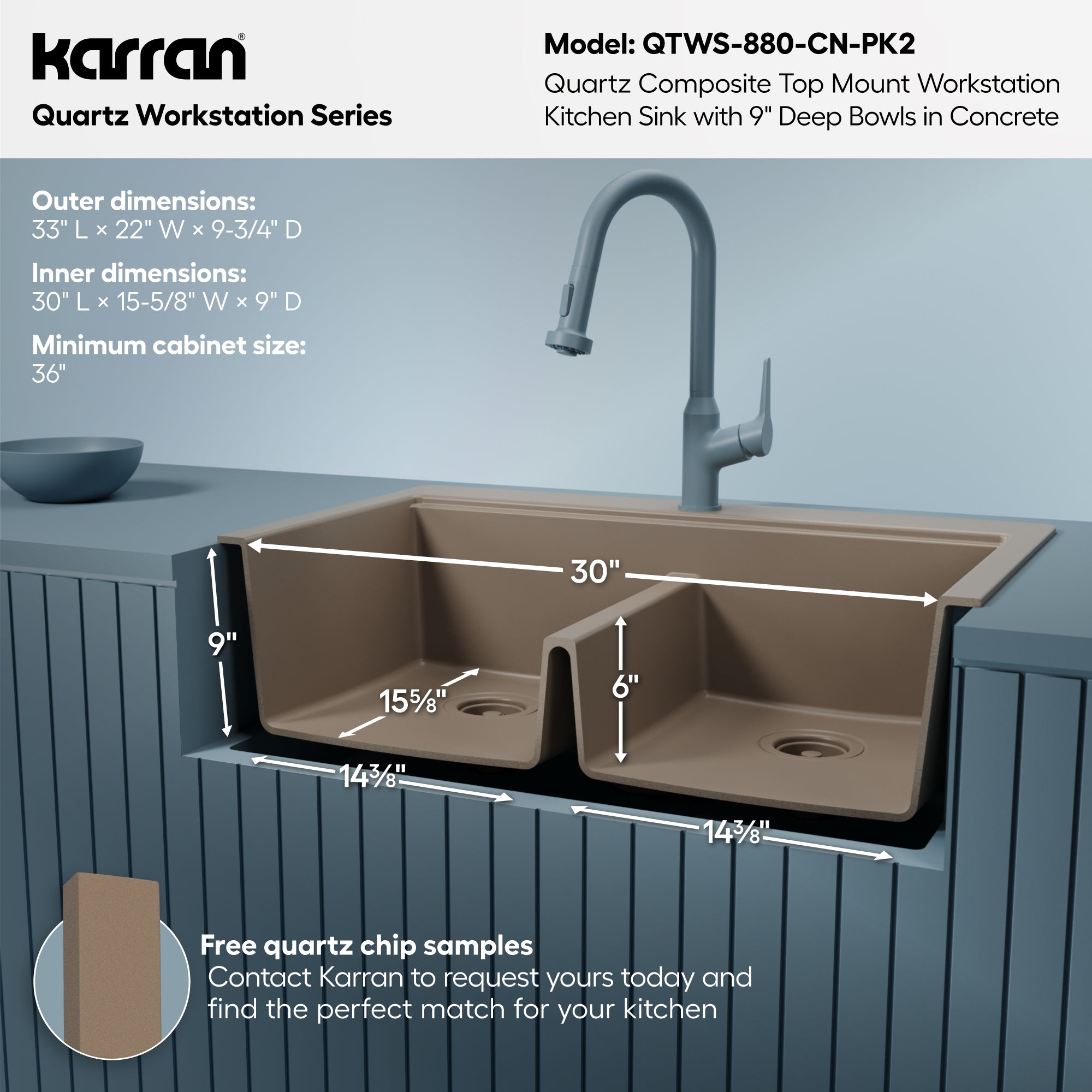 Karran 33 quartz composite workstation kitchen sink 50/50 double bowl concrete informational image