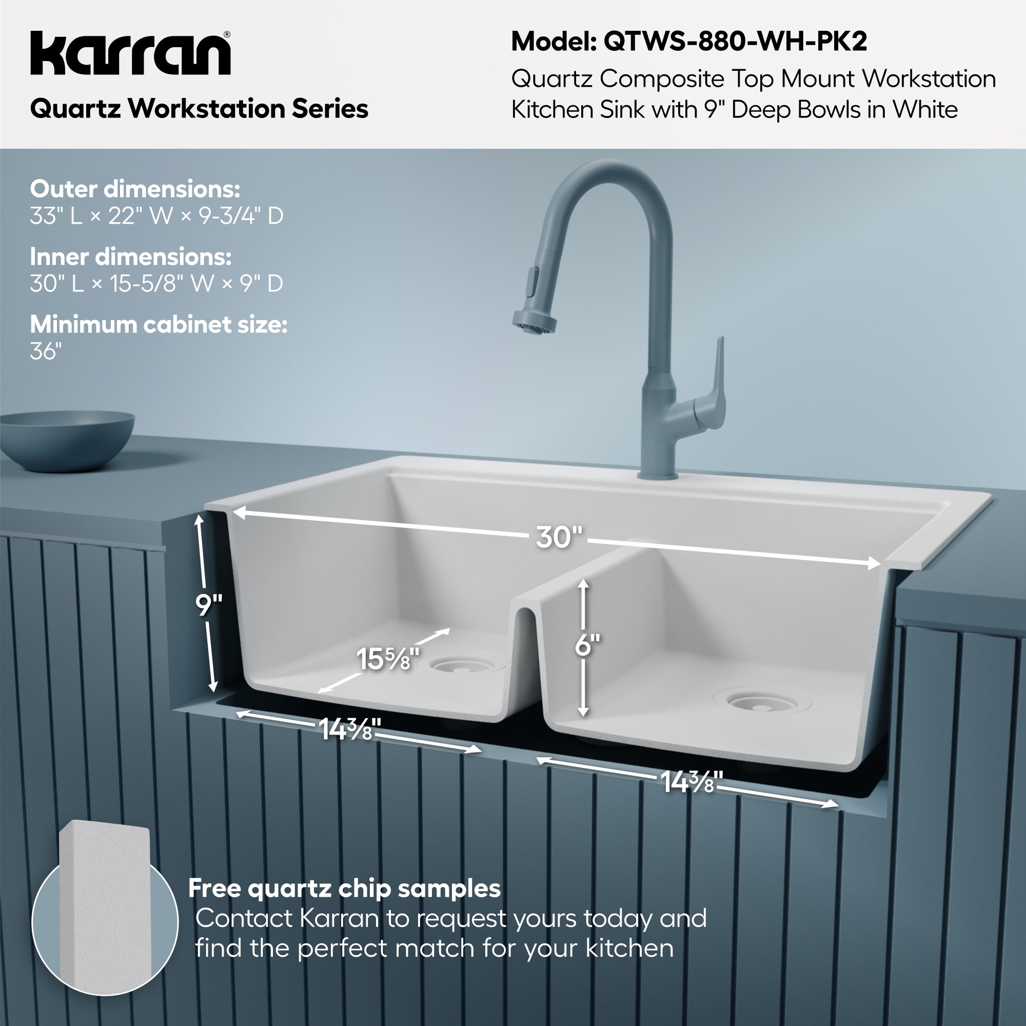 Karran 33 quartz composite workstation kitchen sink 50/50 double bowl white informational image