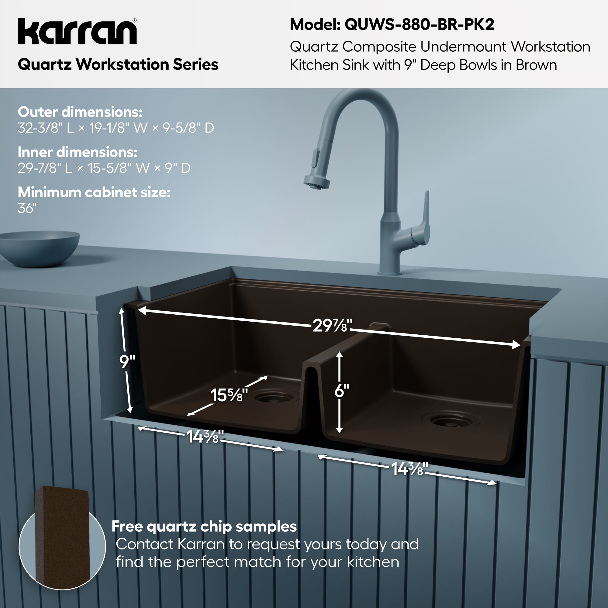 Karran 32 quartz composite workstation kitchen sink 50/50 double bowl brown informational image