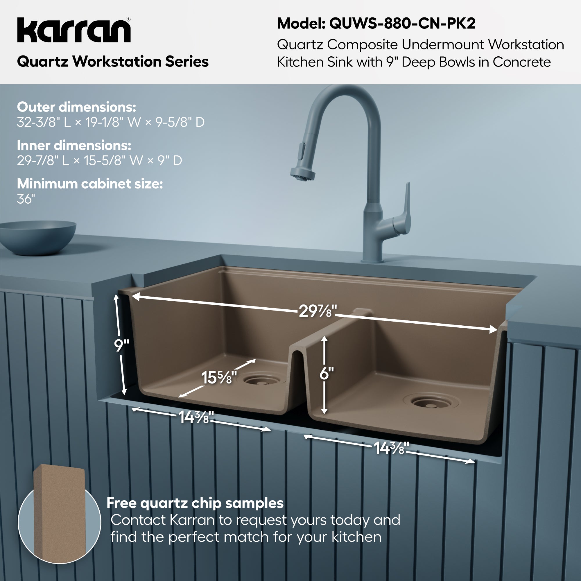 Karran 32 quartz composite workstation kitchen sink 50/50 double bowl concrete informational image