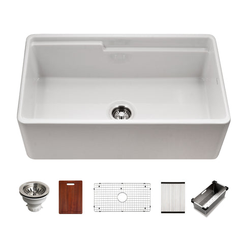 HamatUSA by Houzer Chelsea 33" Apron-Front Split-Level Workstation Single Bowl Fireclay Sink - White, CHE-3320SAW WH-C