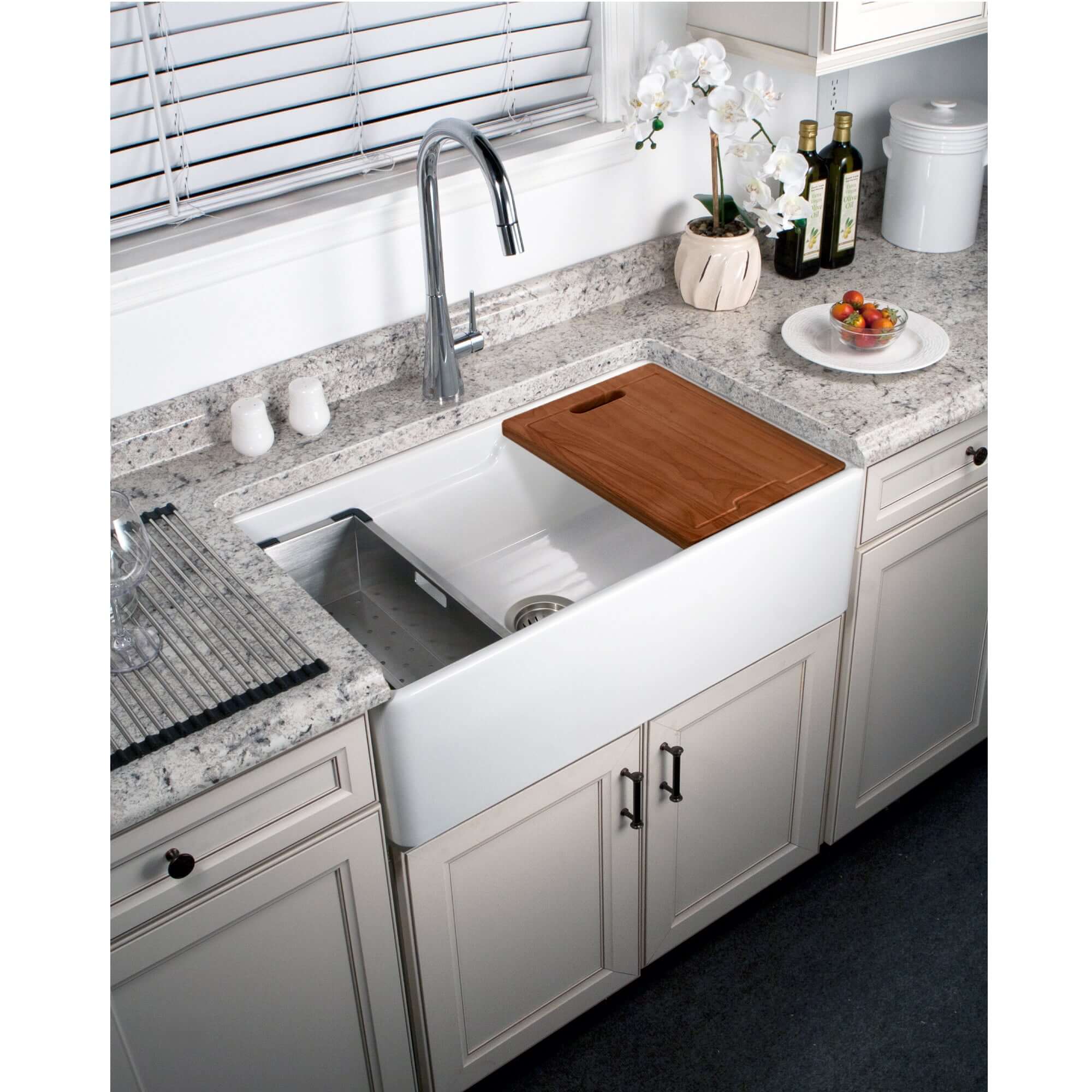 HamatUSA by Houzer Chelsea 33" Apron-Front Split-Level Workstation Single Bowl Fireclay Sink - White, CHE-3320SAW WH-C