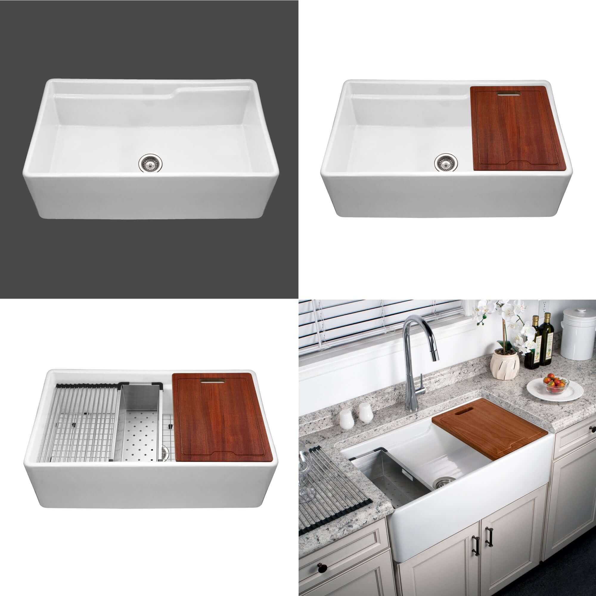 HamatUSA by Houzer Chelsea 33" Apron-Front Split-Level Workstation Single Bowl Fireclay Sink - White, CHE-3320SAW WH-C