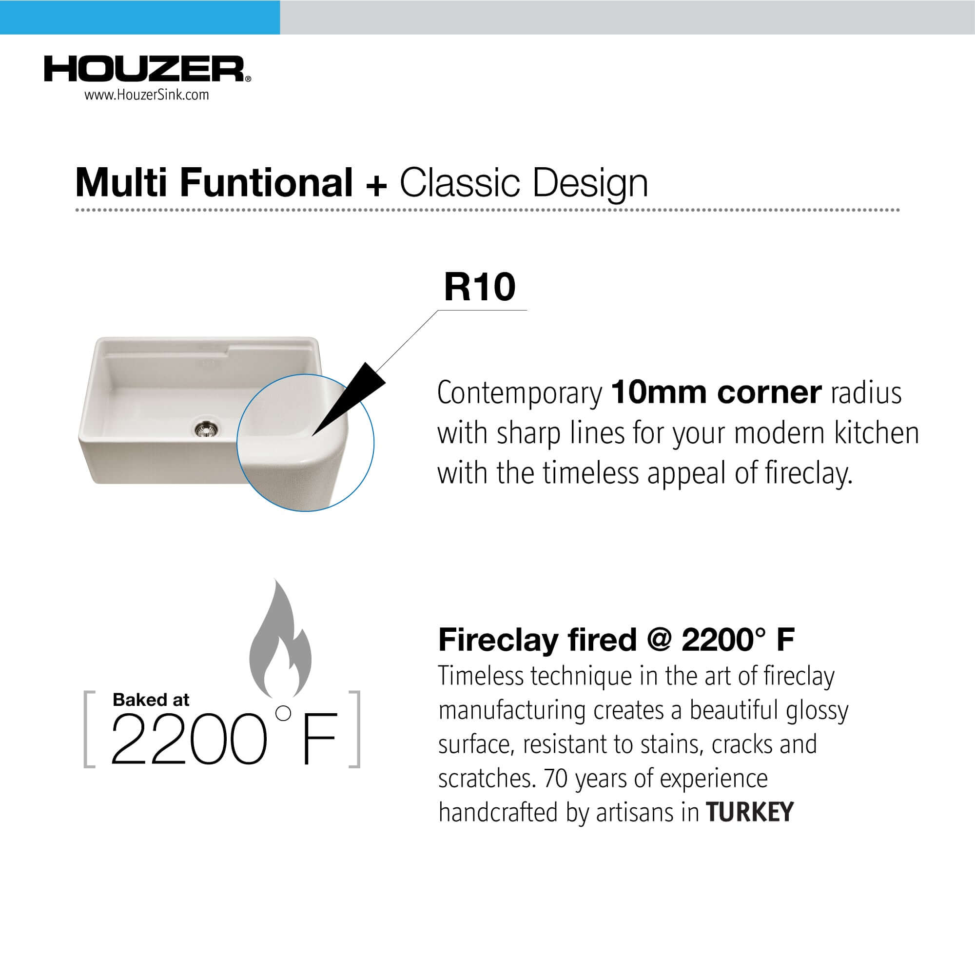 HamatUSA by Houzer Chelsea 33" Apron-Front Split-Level Workstation Single Bowl Fireclay Sink - White, CHE-3320SAW WH-C