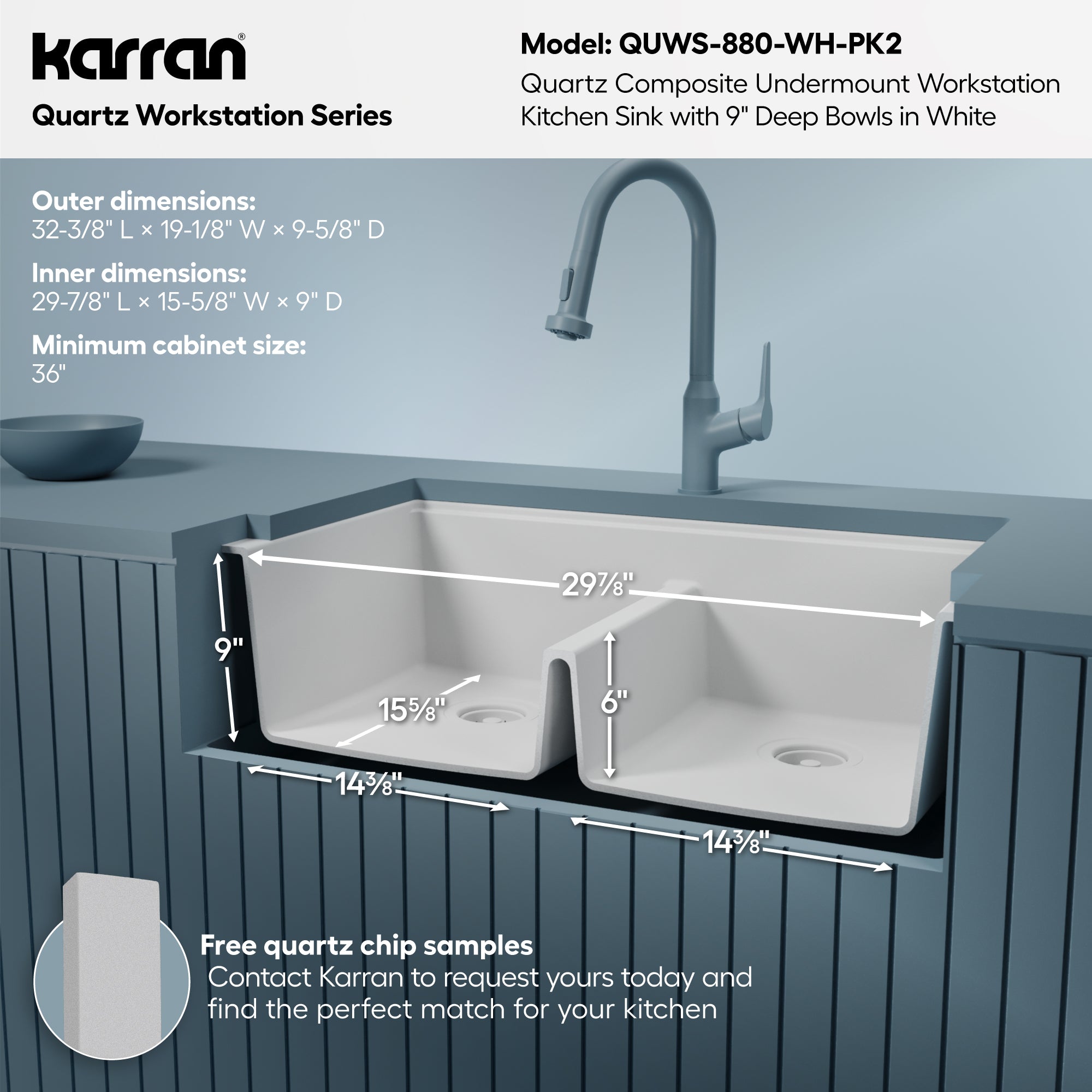Karran 32 quartz composite workstation kitchen sink 50/50 double bowl white informational image
