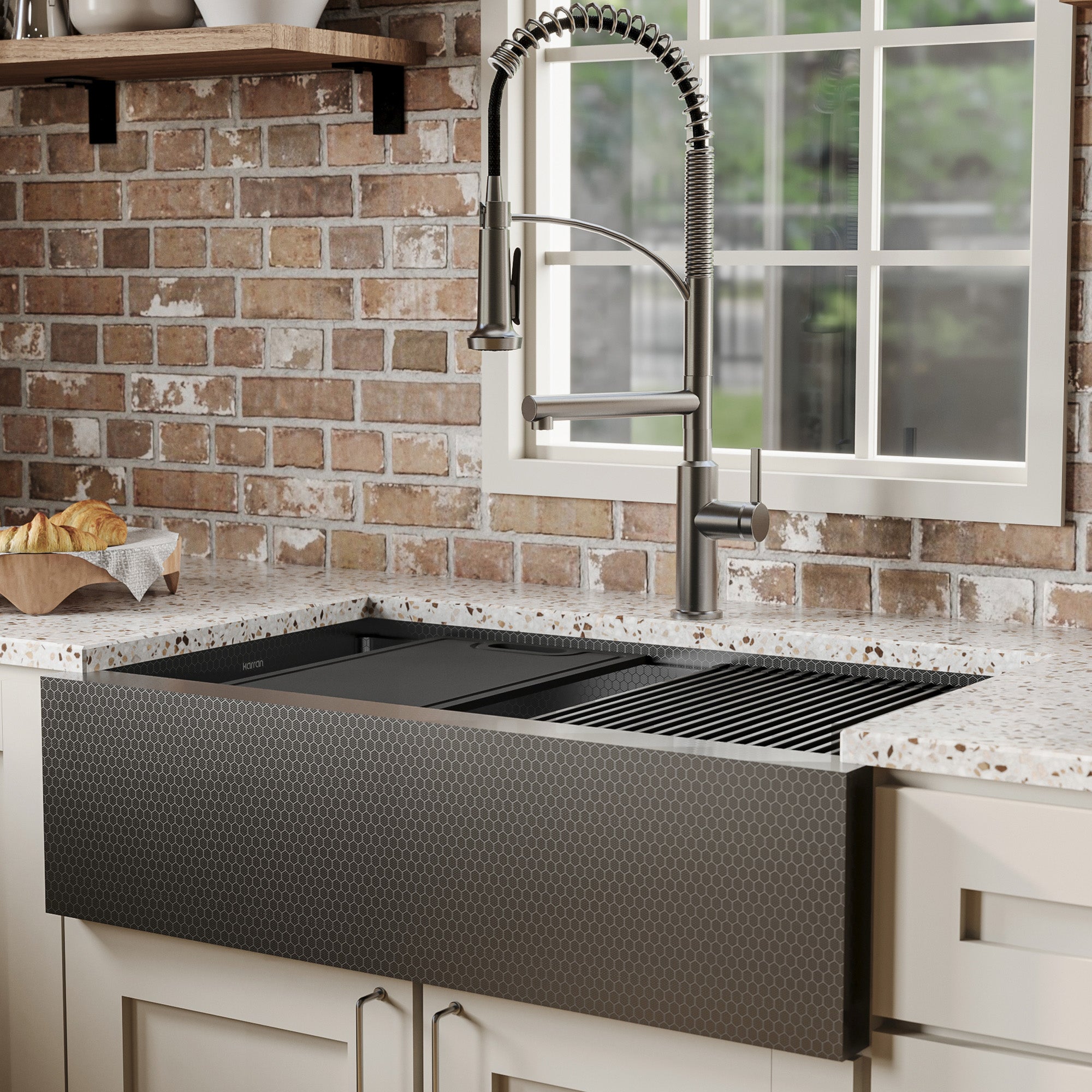 Karran 33 stainless steel workstation farmhouse sink gunmetal grey lifestyle image