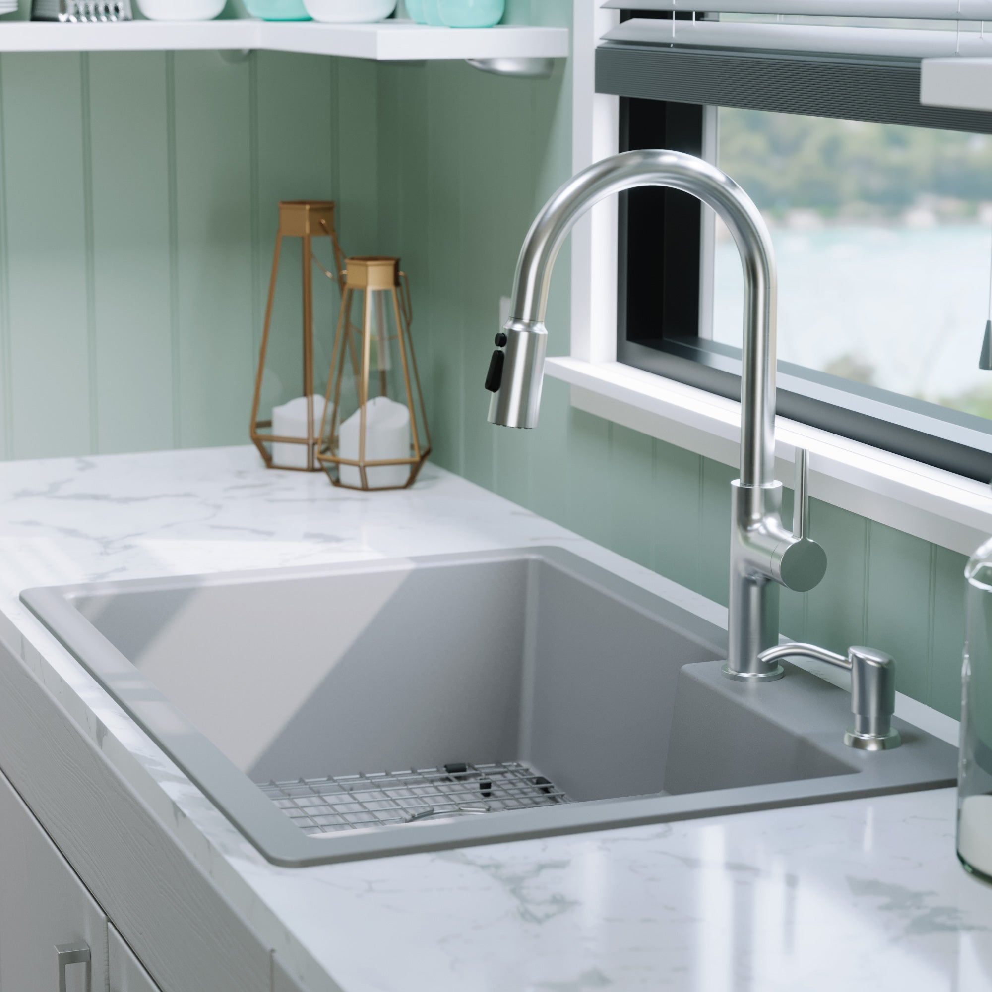 Alternative View of Karran 33" Drop In/Topmount Quartz Composite Kitchen Sink with Accessories, 60/40 Double Bowl, Grey, QT-811-GR-PK1