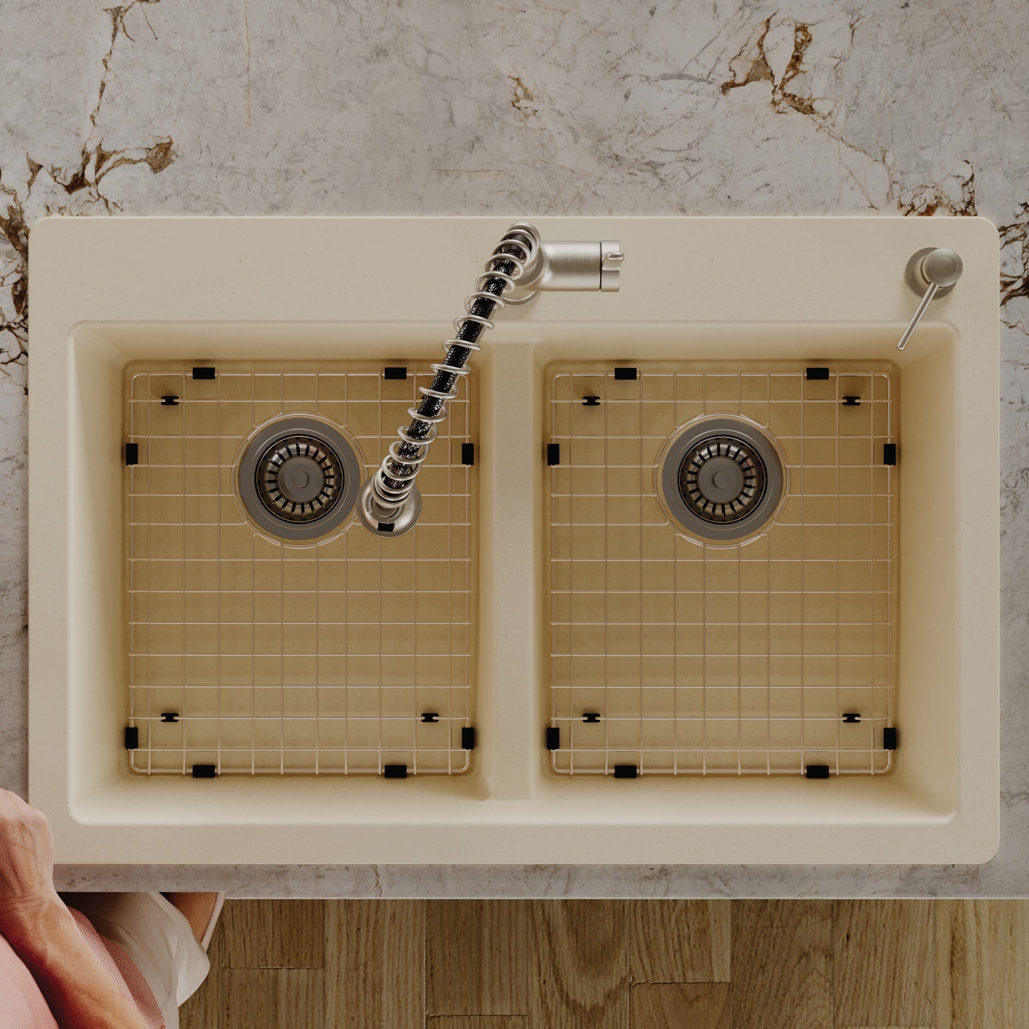 Alternative View of Karran 33" Drop In/Topmount Quartz Composite Kitchen Sink with Accessories, 50/50 Double Bowl, Bisque, QT-810-BI-PK1