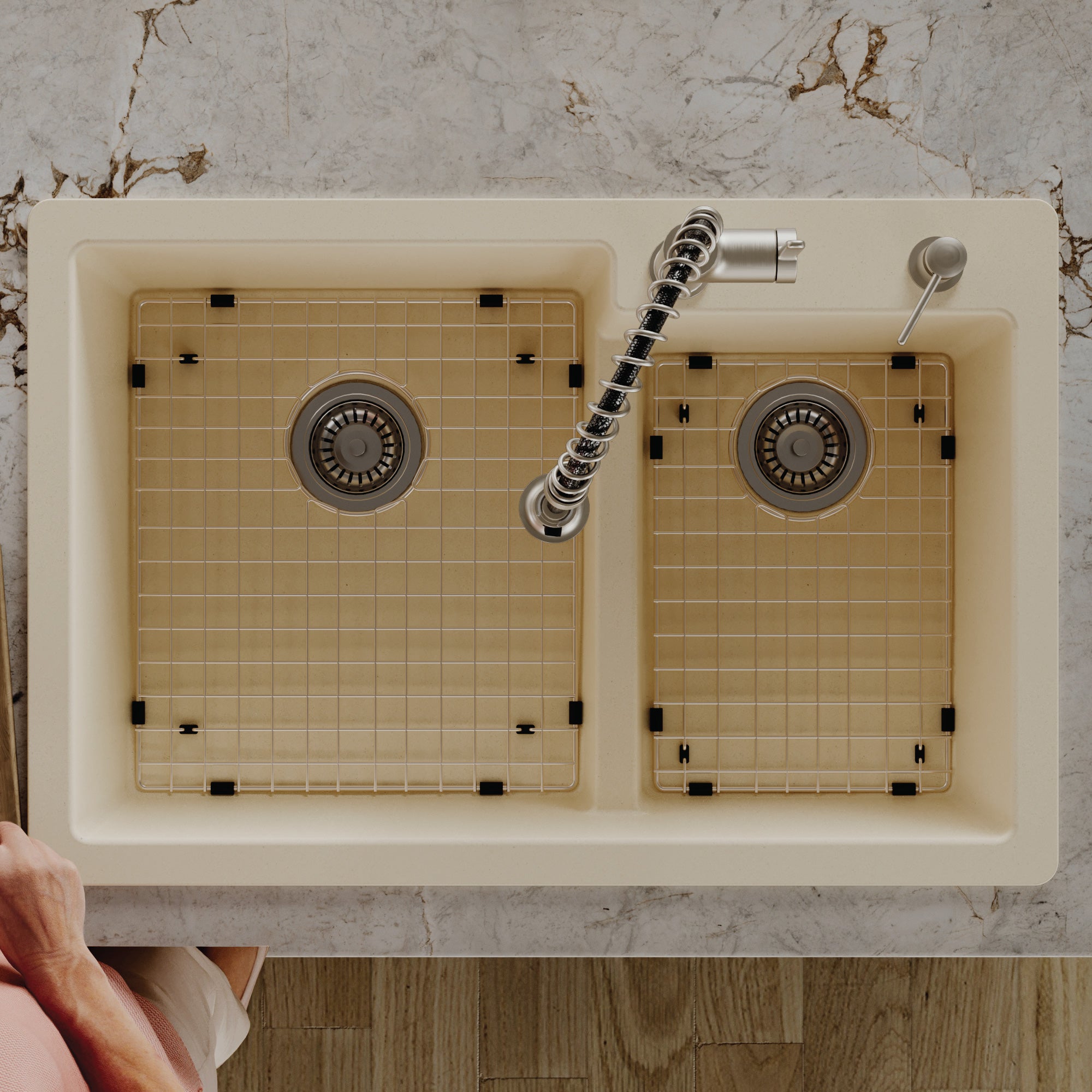 Alternative View of Karran 33" Drop In/Topmount Quartz Composite Kitchen Sink with Accessories, 60/40 Double Bowl, Bisque, QT-811-BI-PK1