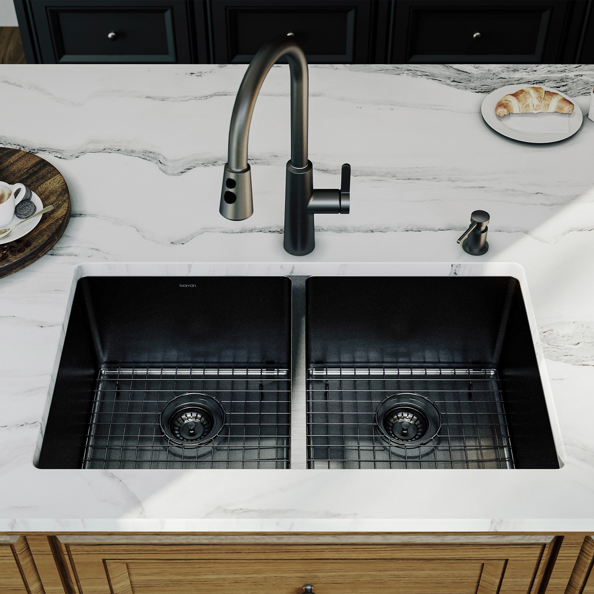 Karran elite 32 stainless steel kitchen sink 50/50 double bowl gunmetal black lifestyle image