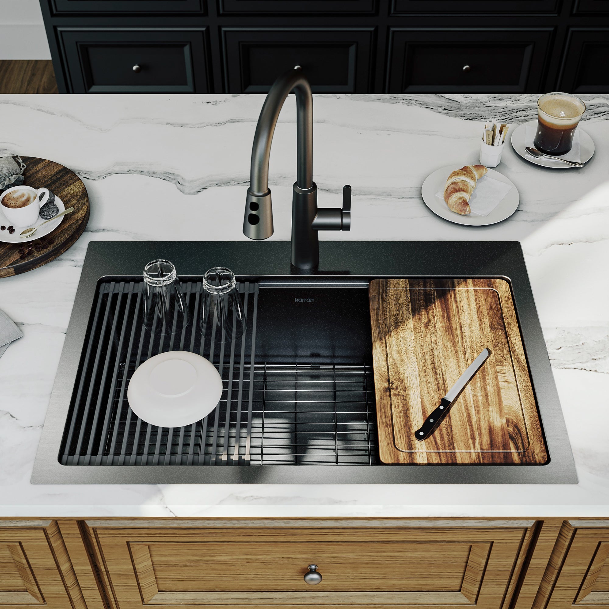 Karran elite workstation 33 stainless steel kitchen sink gunmetal black lifestyle image