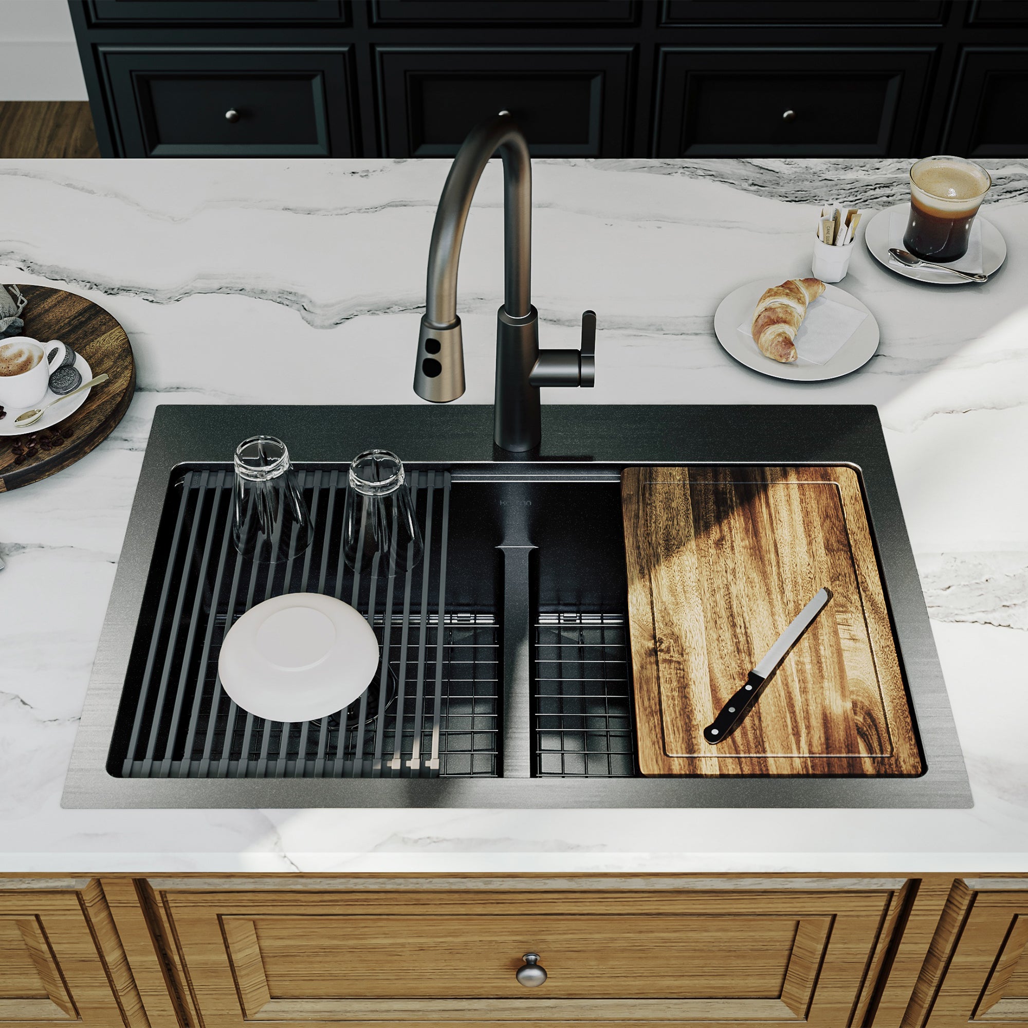 Karran elite workstation 33 stainless steel kitchen sink 50/50 double bowl gunmetal black lifestyle image