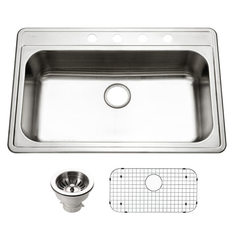 Houzer Premier 33 inch Stainless Steel Drop-in Topmount 4-hole Single Bowl Kitchen Sink with Strainer & Grid - 18 Gauge, PGS-3122-4-C