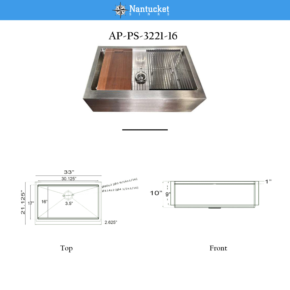 Nantucket Sinks Pro Series 33" 304 Stainless Steel Workstation Farmhouse Sink with Accessories, 16 Gauge, AP-PS-3221-16