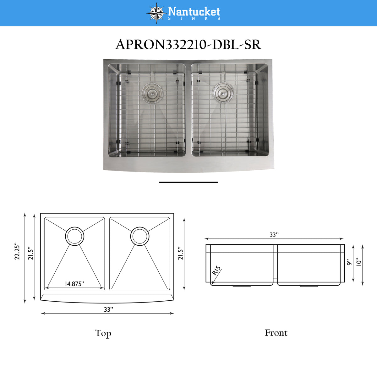 Nantucket Sinks Pro Series 33" Stainless Steel Farmhouse Sink, 16 Gauge, Double Bowl, APRON332210-DBL-SR