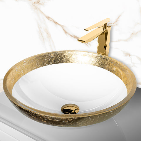 MaestroBath 17" Camelia Flare Teck44 Vessel ADA Oval Bathroom Sink, White Gold, Crystal, Matt White Gold, ATE-CA4-WHG