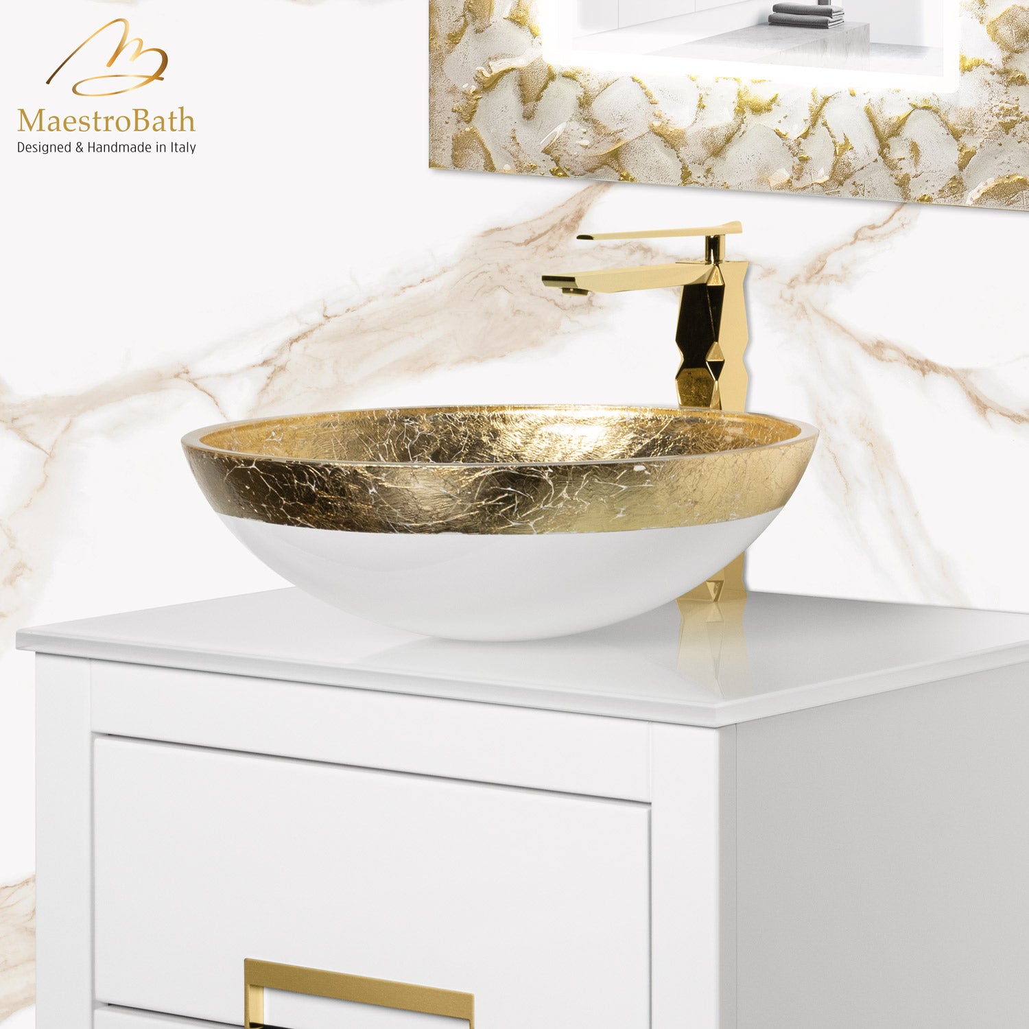 MaestroBath 17" Camelia Flare Teck44 Vessel ADA Oval Bathroom Sink, White Gold, Crystal, Matt White Gold, ATE-CA4-WHG