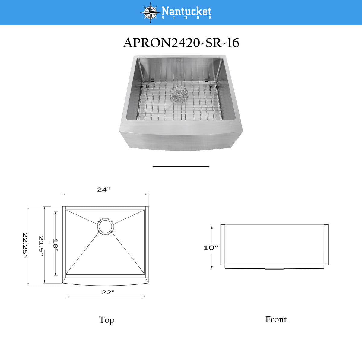 Nantucket Sinks Pro Series 24" Stainless Steel Farmhouse Sink, 16 Gauge, APRON2420-SR-16