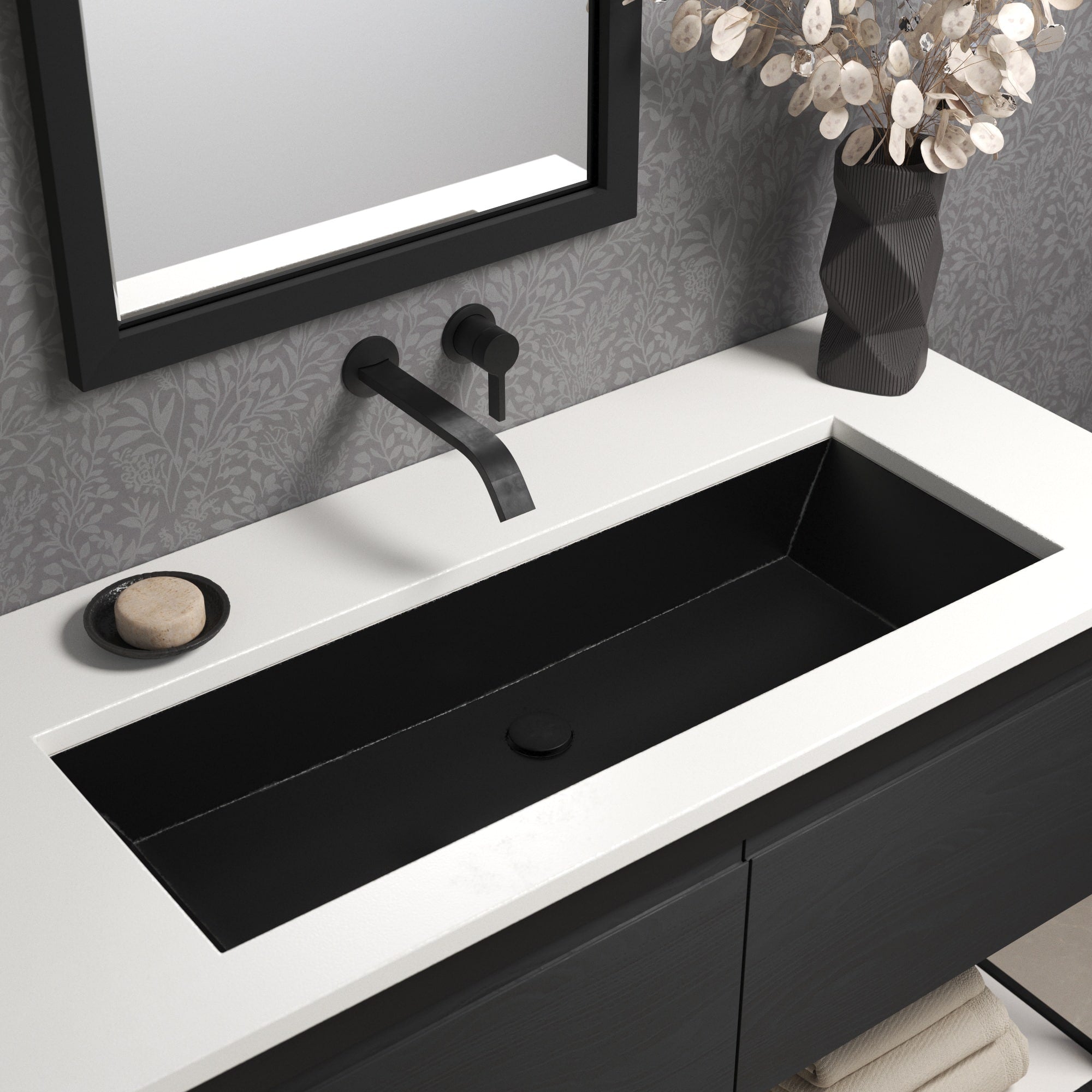 Native Trails Arcata 37" x 15" Rectangle Undermount NativeStone Concrete Bathroom Sink, Charcoal, NSL3715-C