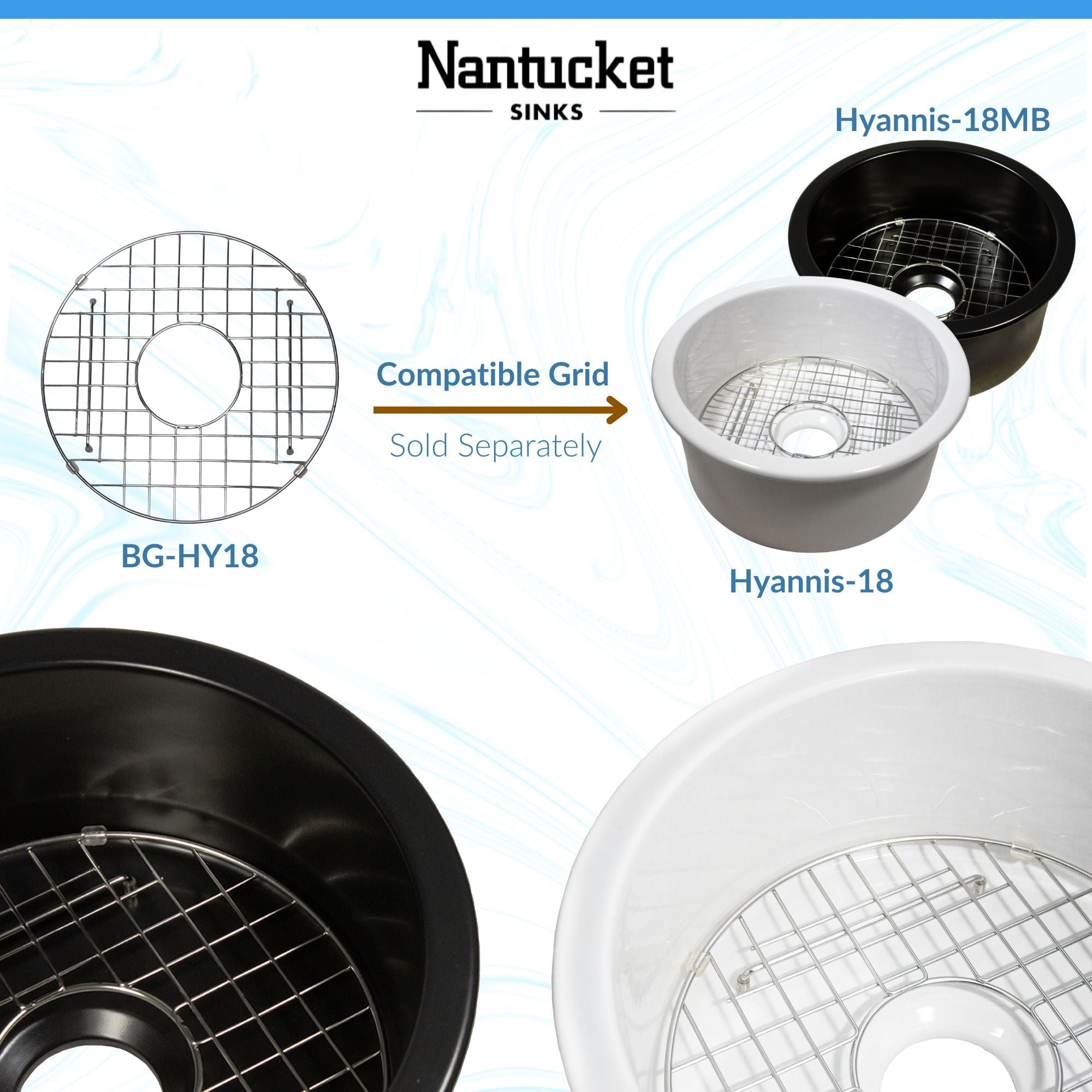 Nantucket Sinks Cape 18" Round Fireclay Bar/Prep Sink with Accessories, Matte Black, Hyannis-18MB