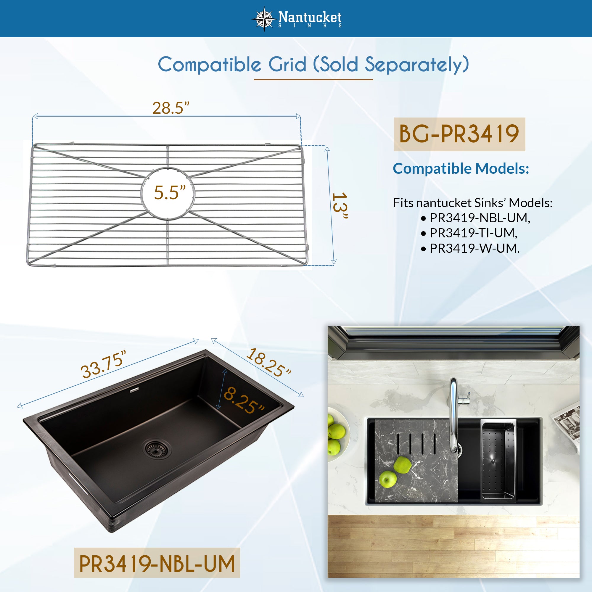 Nantucket Sinks Plymouth 34" Undermount Granite Composite Workstation Kitchen Sink with Accessories, White, PR3419-W-UM