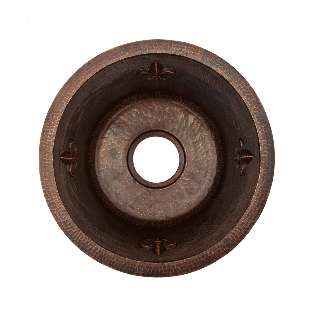 Premier Copper Products 16" Round Copper Prep Bar Sink w/ Fleur De Lis and 3.5" Drain Opening, Matching Drain and Accessories, Oil Rubbed Bronze, BSP5_BR16FDB3-G