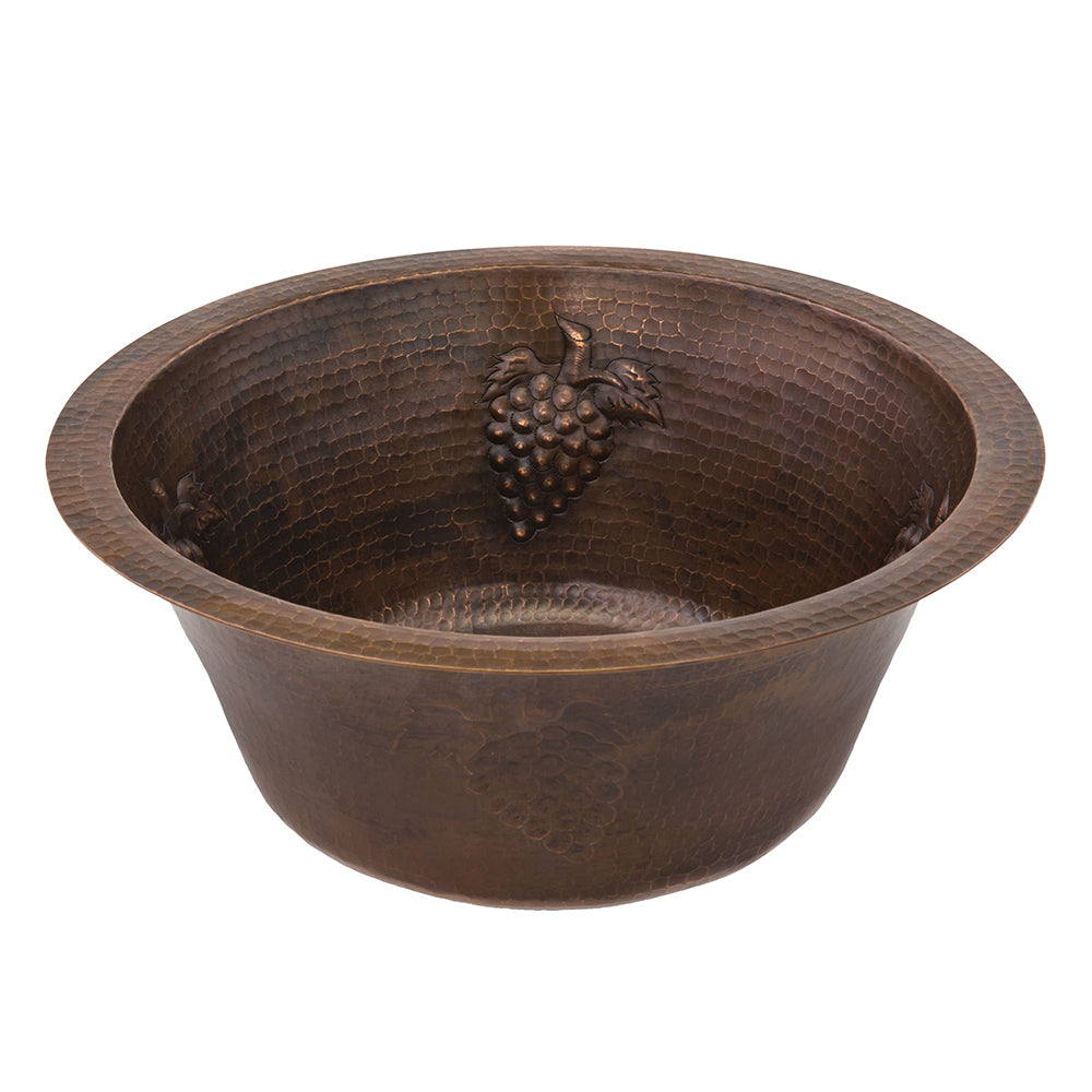 Premier Copper Products 16" Round Copper Prep Bar Sink w/ Grapes and 3.5" Drain Opening, Matching Drain and Accessories, Oil Rubbed Bronze, BSP5_BR16GDB3-D
