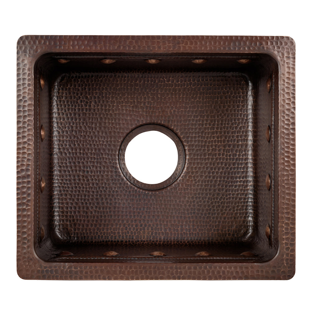 Premier Copper Products 16" Gourmet Rectangular Hammered Copper Bar/Prep Sink w/ Barrel Strap Design, Matching Drain and Accessories, Oil Rubbed Bronze, BSP5_BREC16DBBS-D