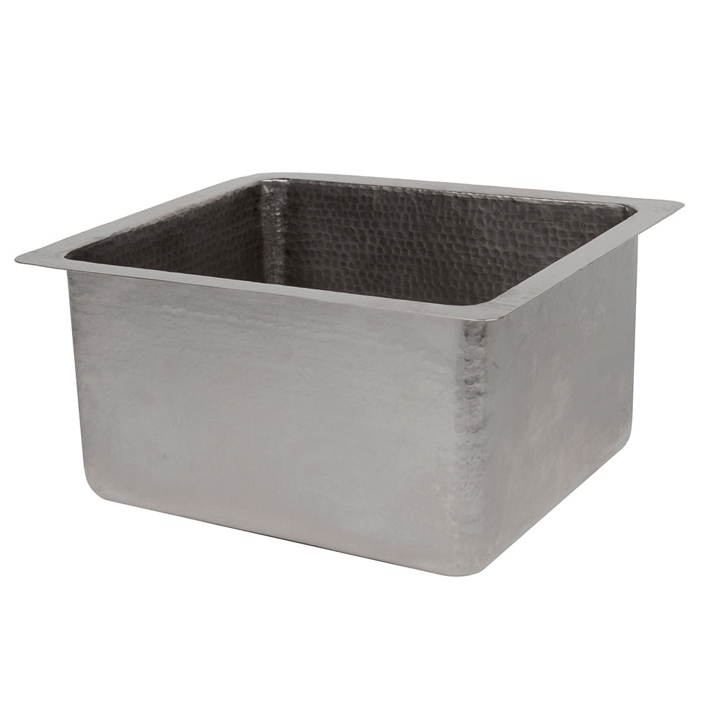Premier Copper Products 16" Gourmet Rectangular Hammered Copper Bar/Prep Sink in Nickel, Matching Drain and Accessories, BSP5_BREC16EN-G