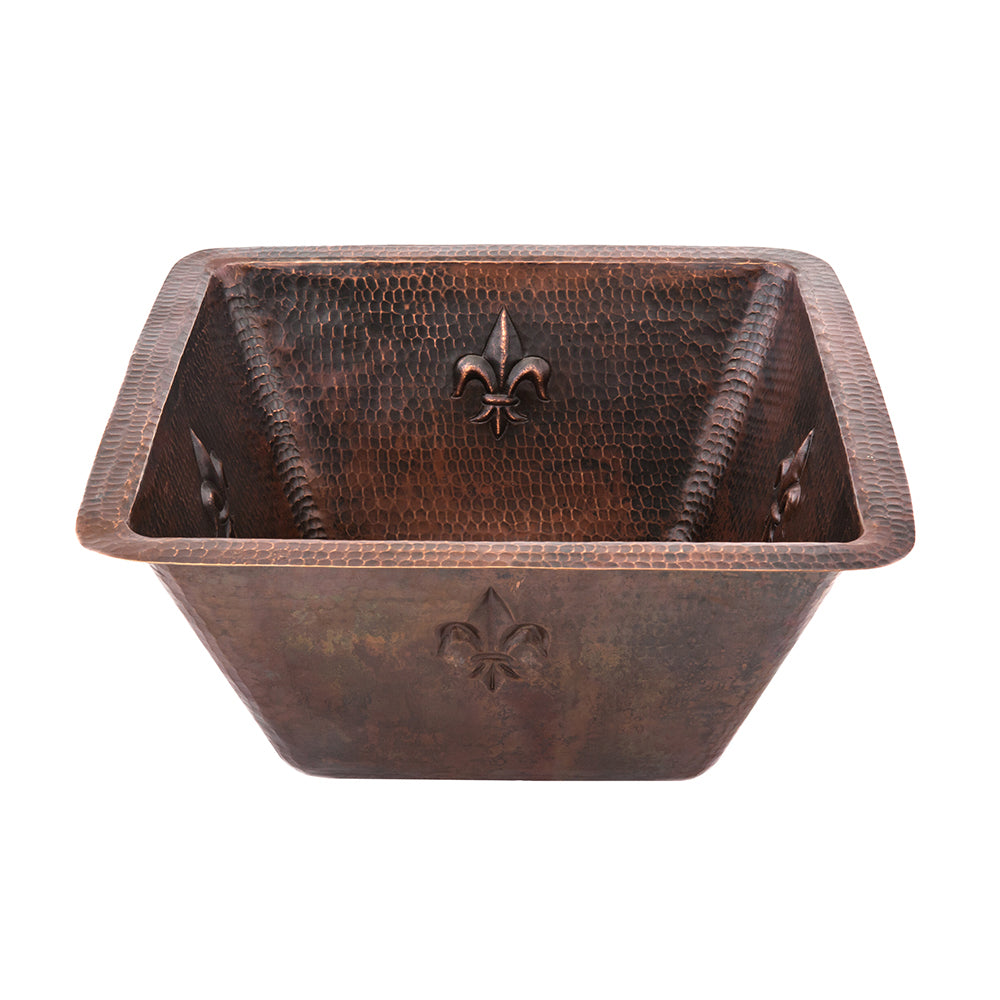 Premier Copper Products 15" Square Fleur De Lis Copper Bar/Prep Sink w/ 3.5" Drain Opening, Matching Drain and Accessories, Oil Rubbed Bronze, BSP5_BS15FDB3-D