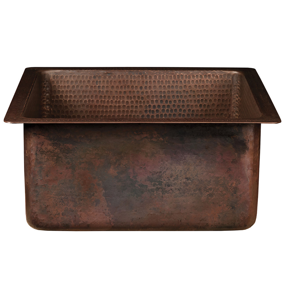 Premier Copper Products 16" Square Hammered Copper Bar/Prep Sink w/ 3.5" Drain Opening, Matching Drain and Accessories, Oil Rubbed Bronze, BSP5_BS16DB3-G