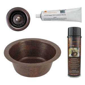 Alternate Image for Premier Copper Products 12" Round Hammered Copper Bar Sink w/ 2" Drain Opening, Matching Drain and Accessories, Oil Rubbed Bronze, BSP5_BR12DB2-B
