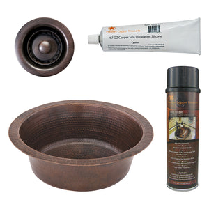 Alternate Image for Premier Copper Products 14" Round Hammered Copper Bar Sink w/ 2" Drain Opening, Matching Drain and Accessories, Oil Rubbed Bronze, BSP5_BR14DB2-B