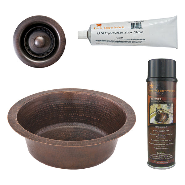 Premier Copper Products 14" Round Hammered Copper Bar Sink w/ 2" Drain Opening, Matching Drain and Accessories, Oil Rubbed Bronze, BSP5_BR14DB2-B