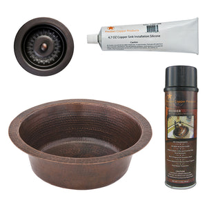 Alternate Image for Premier Copper Products 14" Round Hammered Copper Prep Bar Sink w/ 3.5" Drain Opening, Matching Drain and Accessories, Oil Rubbed Bronze, BSP5_BR14DB3-D
