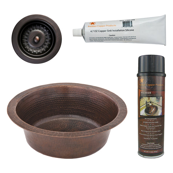 Premier Copper Products 14" Round Hammered Copper Prep Bar Sink w/ 3.5" Drain Opening, Matching Drain and Accessories, Oil Rubbed Bronze, BSP5_BR14DB3-D