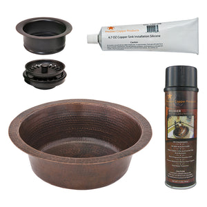 Alternate Image for Premier Copper Products 14" Round Hammered Copper Prep Bar Sink w/ 3.5" Drain Opening, Matching Drain and Accessories, Oil Rubbed Bronze, BSP5_BR14DB3-G