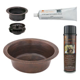 Premier Copper Products 14" Round Hammered Copper Prep Bar Sink w/ 3.5" Drain Opening, Matching Drain and Accessories, Oil Rubbed Bronze, BSP5_BR14DB3-G