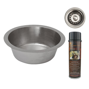Alternate Image for Premier Copper Products 14" Round Hammered Copper Bar Sink in Nickel w/ 2" Drain Opening, Matching Drain and Accessories, BSP5_BR14EN2-B