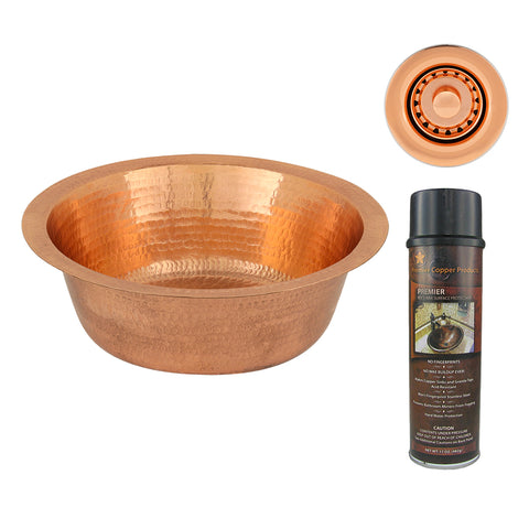 Premier Copper Products 14" Round Hammered Copper Bar Sink with 2" Drain Opening in Polished Copper, Matching Drain and Accessories, BSP5_BR14PC2-B