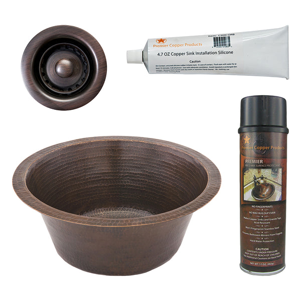 Premier Copper Products 16" Round Hammered Copper Bar Sink w/ 2" Drain Opening, Matching Drain and Accessories, Oil Rubbed Bronze, BSP5_BR16DB2-B