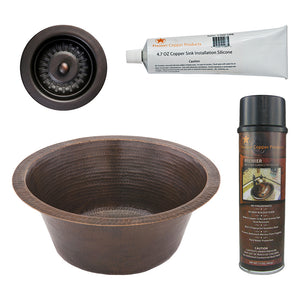 Alternate Image for Premier Copper Products 16" Round Hammered Copper Prep Bar Sink w/ 3.5" Drain Opening, Matching Drain and Accessories, Oil Rubbed Bronze, BSP5_BR16DB3-D