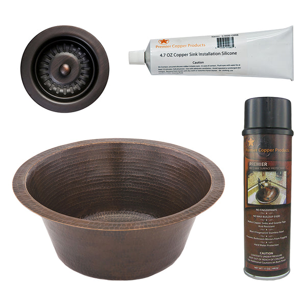 Premier Copper Products 16" Round Hammered Copper Prep Bar Sink w/ 3.5" Drain Opening, Matching Drain and Accessories, Oil Rubbed Bronze, BSP5_BR16DB3-D