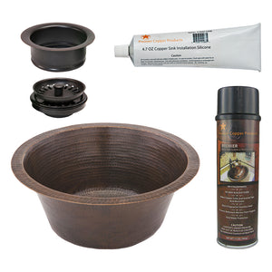 Alternate Image for Premier Copper Products 16" Round Hammered Copper Prep Bar Sink w/ 3.5" Drain Opening, Matching Drain and Accessories, Oil Rubbed Bronze, BSP5_BR16DB3-G