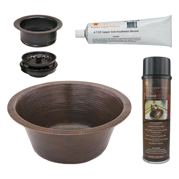 Premier Copper Products 16" Round Hammered Copper Prep Bar Sink w/ 3.5" Drain Opening, Matching Drain and Accessories, Oil Rubbed Bronze, BSP5_BR16DB3-G