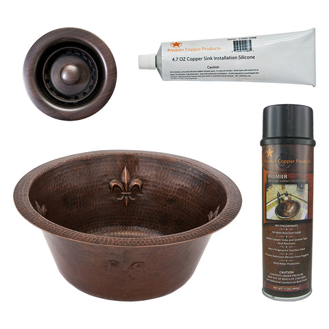 Premier Copper Products 16" Round Copper Bar Sink w/ Fleur De Lis and 2" Drain Opening, Matching Drain and Accessories, Oil Rubbed Bronze, BSP5_BR16FDB2-B