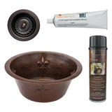 Premier Copper Products 16" Round Copper Prep Bar Sink w/ Fleur De Lis and 3.5" Drain Opening, Matching Drain and Accessories, Oil Rubbed Bronze, BSP5_BR16FDB3-D