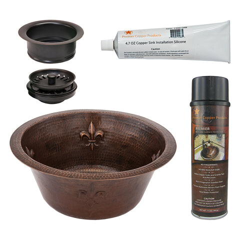 Premier Copper Products 16" Round Copper Prep Bar Sink w/ Fleur De Lis and 3.5" Drain Opening, Matching Drain and Accessories, Oil Rubbed Bronze, BSP5_BR16FDB3-G