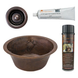 Premier Copper Products 16" Round Copper Bar Sink w/ Grapes and 2" Drain Opening, Matching Drain and Accessories, Oil Rubbed Bronze, BSP5_BR16GDB2-B