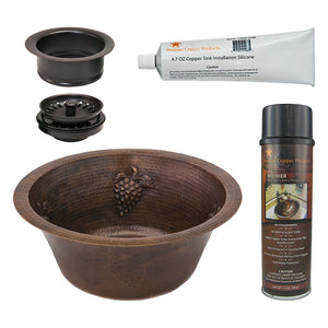 Alternate Image for Premier Copper Products 16" Round Copper Prep Bar Sink w/ Grapes and 3.5" Drain Opening, Matching Drain and Accessories, Oil Rubbed Bronze, BSP5_BR16GDB3-G